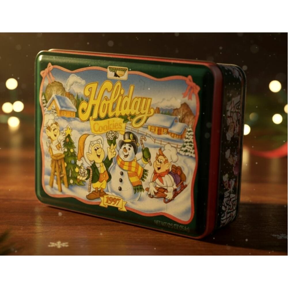 Vintage 1997 Keebler Holiday Cookies Tin – Christmas Elf & Snowman Design